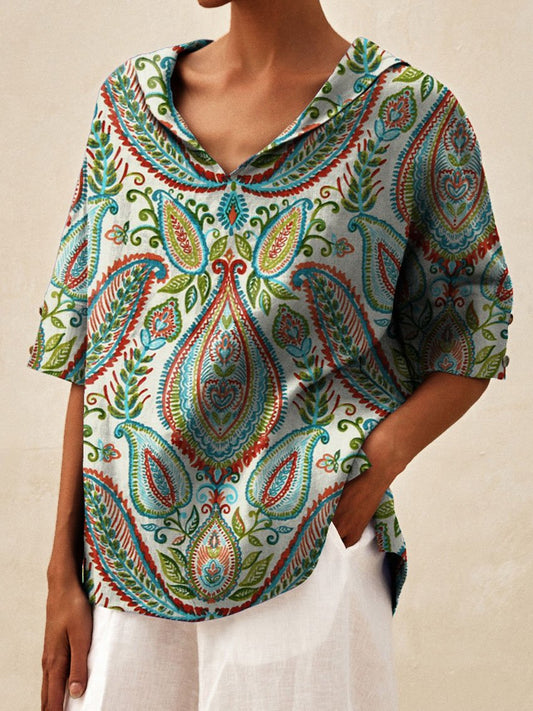 Women's Vintage Ethnic Floral Art Print Casual Linen V-neck Shirt