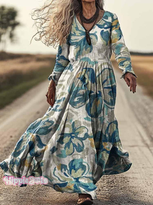 Women's Floral Art Print Pocket Cotton Dress