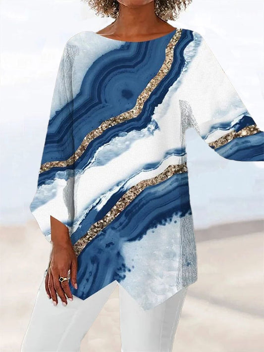 Women's Casual Gradient Pattern Print Round Neck Long Sleeve Irregular Hem Top 