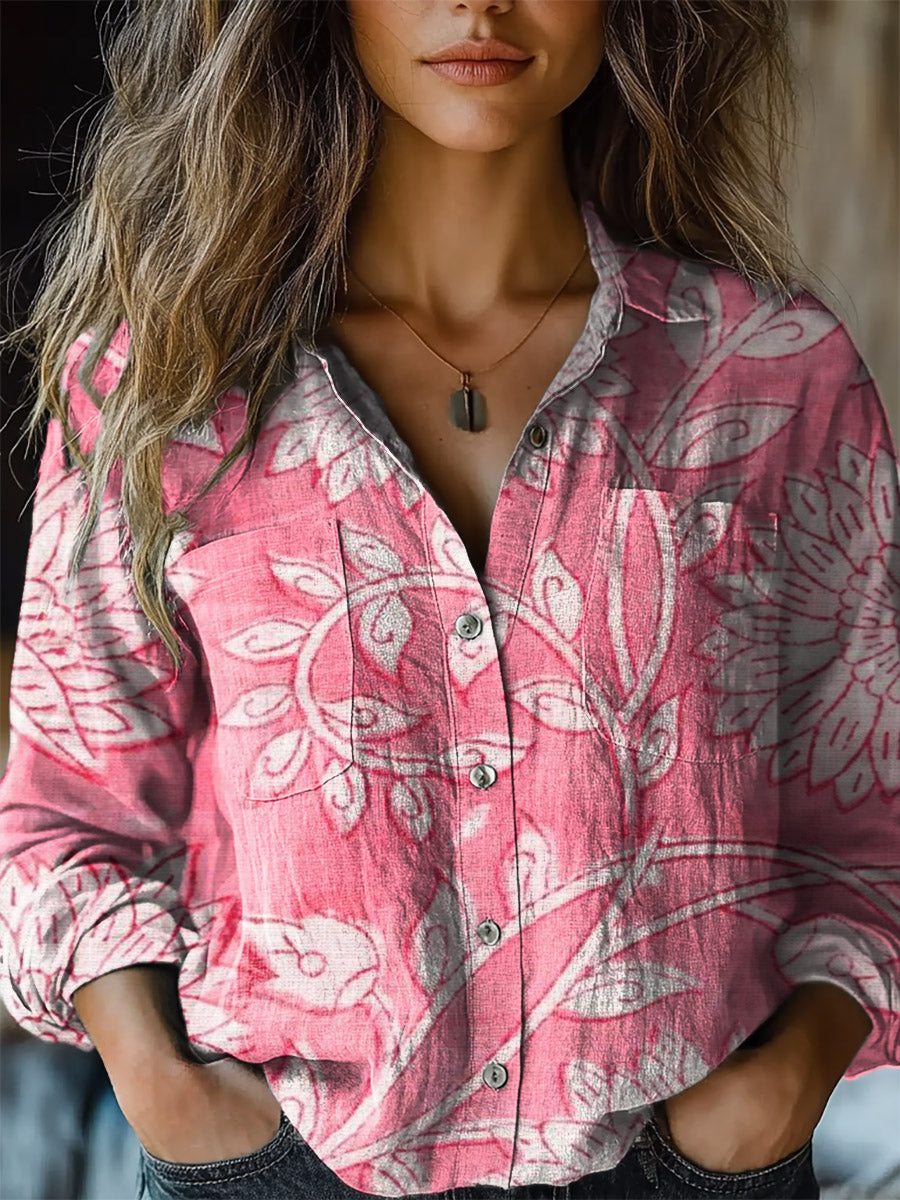 Women's Vintage Flowers Print Casual Long Sleeve Comfortable Cotton Sh