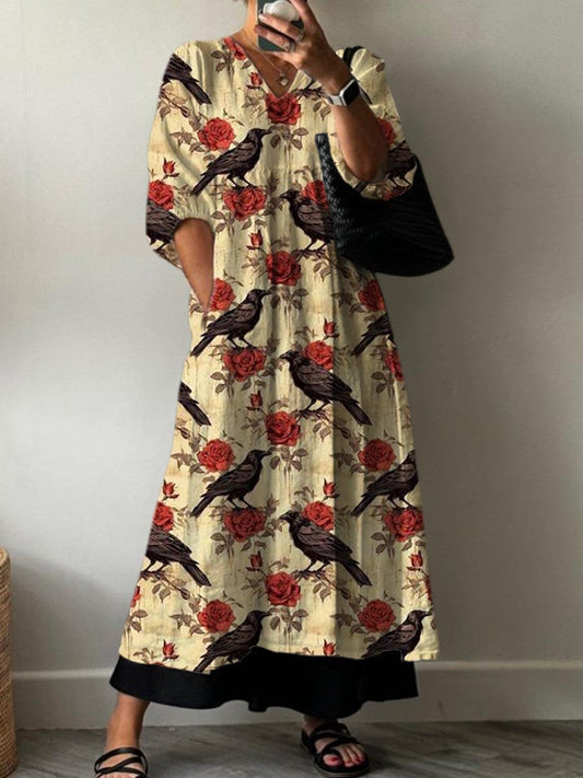 Women's Vintage Lovely Floral Raven Art Print Pocket V-neck Cotton Dre